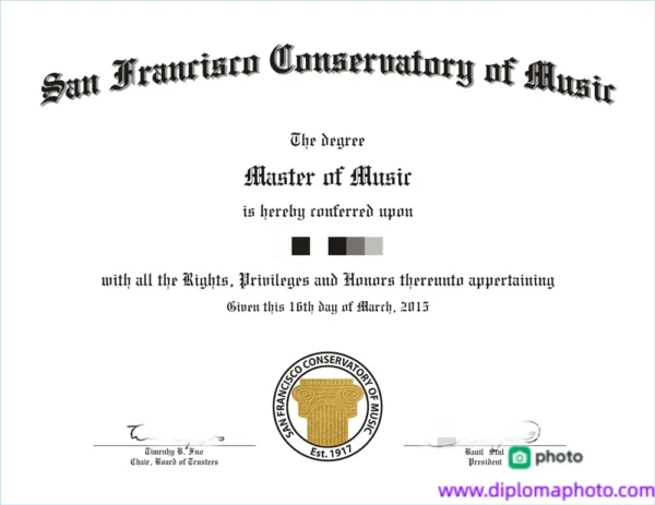 美国旧金山音乐学院毕业证书San Francisco Conservatory of Music照片