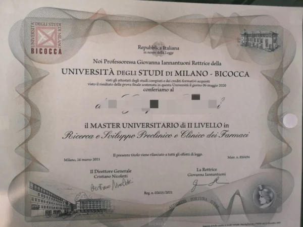 意大利米兰比可卡大学毕业证书Università degli Studi di MILANO - BICOCCA照片