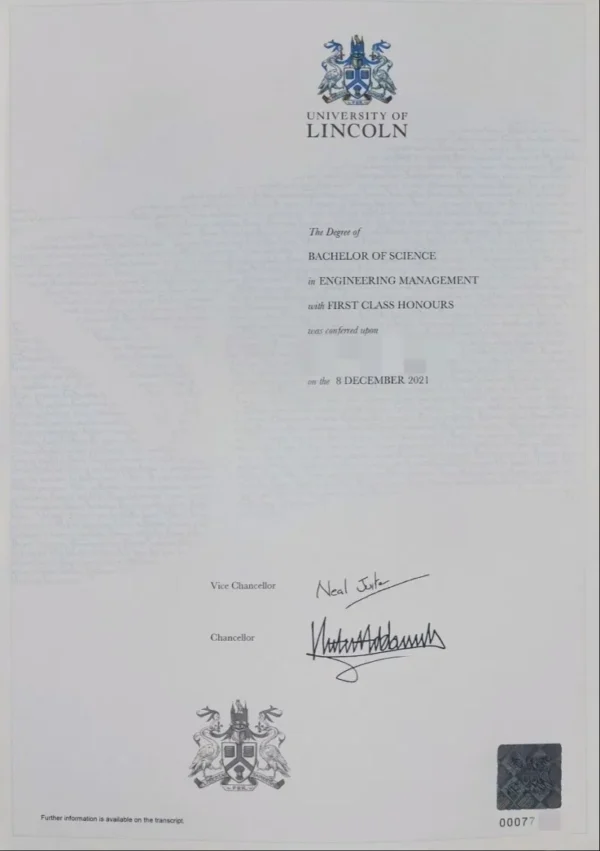 英国林肯大学毕业证书University of Lincoln照片