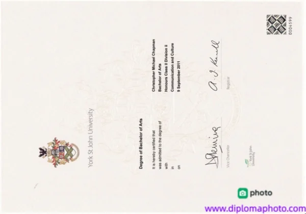 英国约克圣约翰大学毕业证书York St John University照片